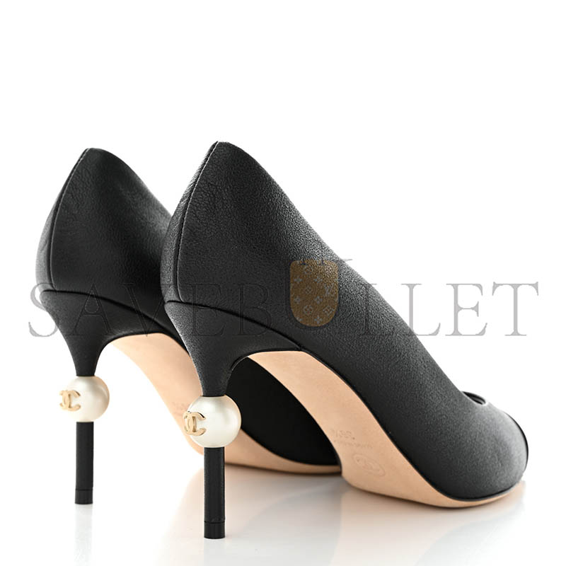 CHANEL GOATSKIN PATENT CALFSKIN CAP TOE CC PEARL PUMPS 